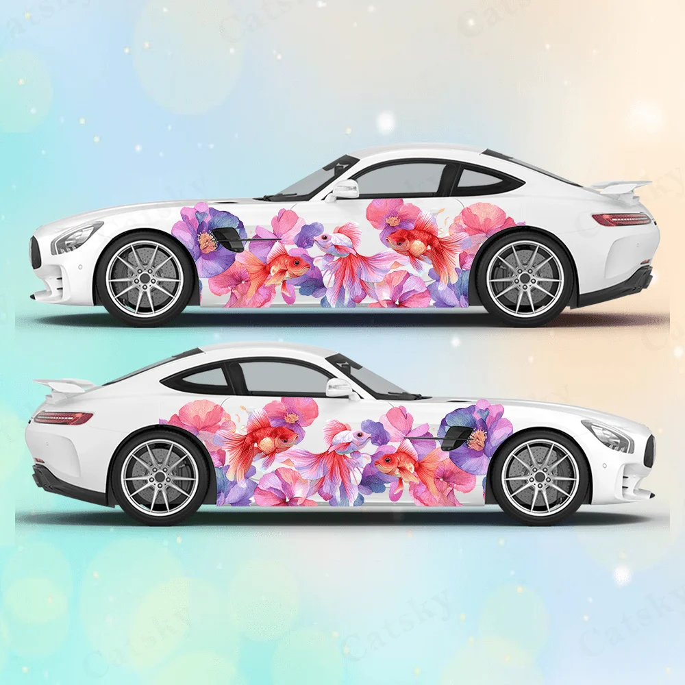 

Colored watercolor goldfish sticker full body floral decoration covering scratches protective car sticker waterproof car vinyl w