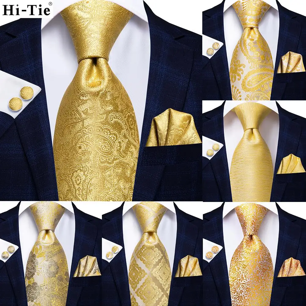 

Hi-Tie Yellow Paisley Silk Wedding Tie For Men Hanky Cufflinks Gift Mens Necktie Gravata Set Business Dropshipping New Designer