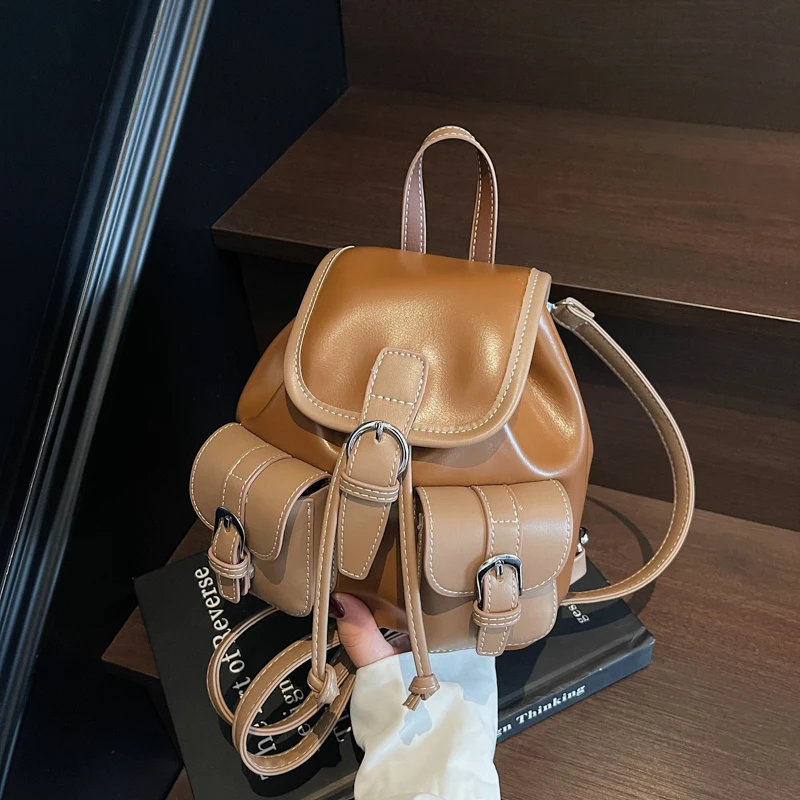 

Korean Fashion Y2K Book Backpack Multi-Pocket Design Casual Backbag Quality Pu Leather Handbag Drawstring Bucket Crossbody Bags