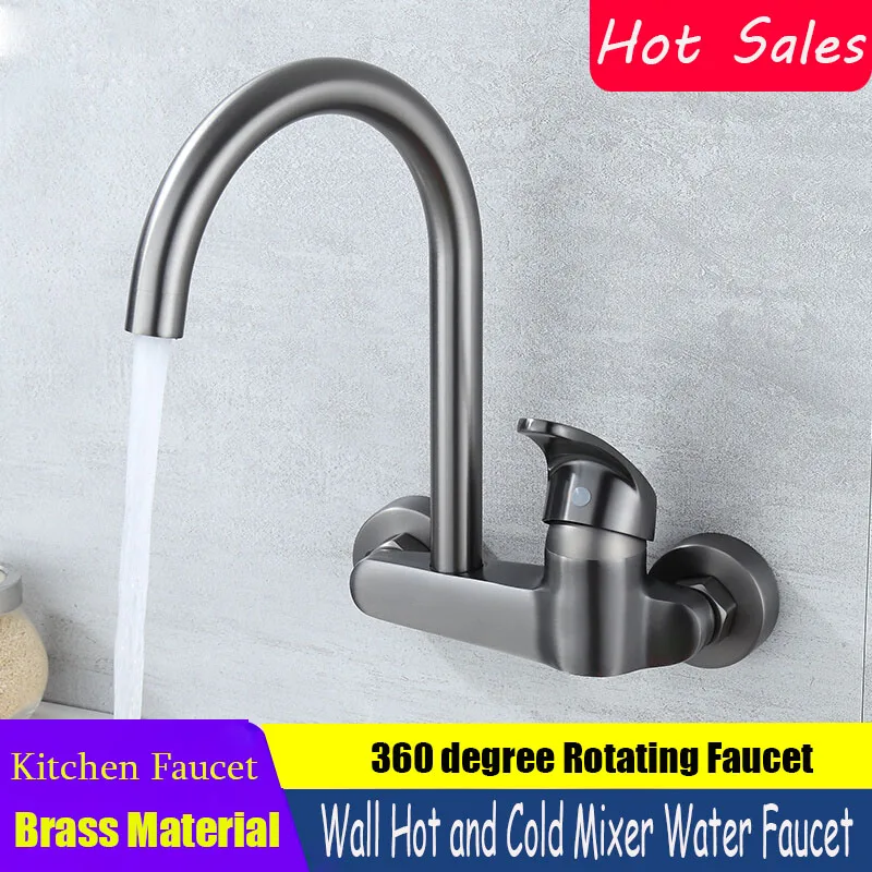

BAKALA Gray color Wall Mounted Kitchen Faucet Wall Kitchen Mixers Kitchen Sink Tap 360 Degree Swivel Flexible Hose Double Holes