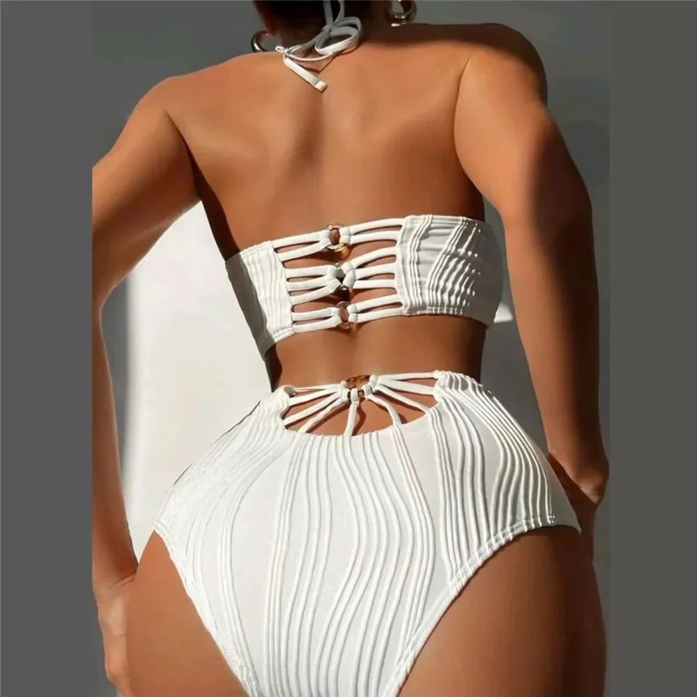 Seksowne białe bikini z wysokim stanem Kobiety Prążkowane stroje kąpielowe Push Up Strój kąpielowy Halter Backless Crop Top Back Hollow Out Strój