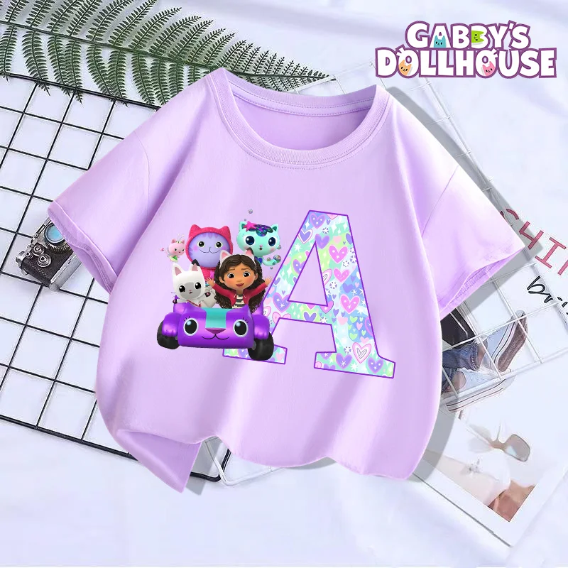 

Gabby Dollhouse Child T-shirt A-Z Letters Tee Fashion Tops Cartoon Printed Girls Purple Clothes Kids Summer Short Sleeve Gifts