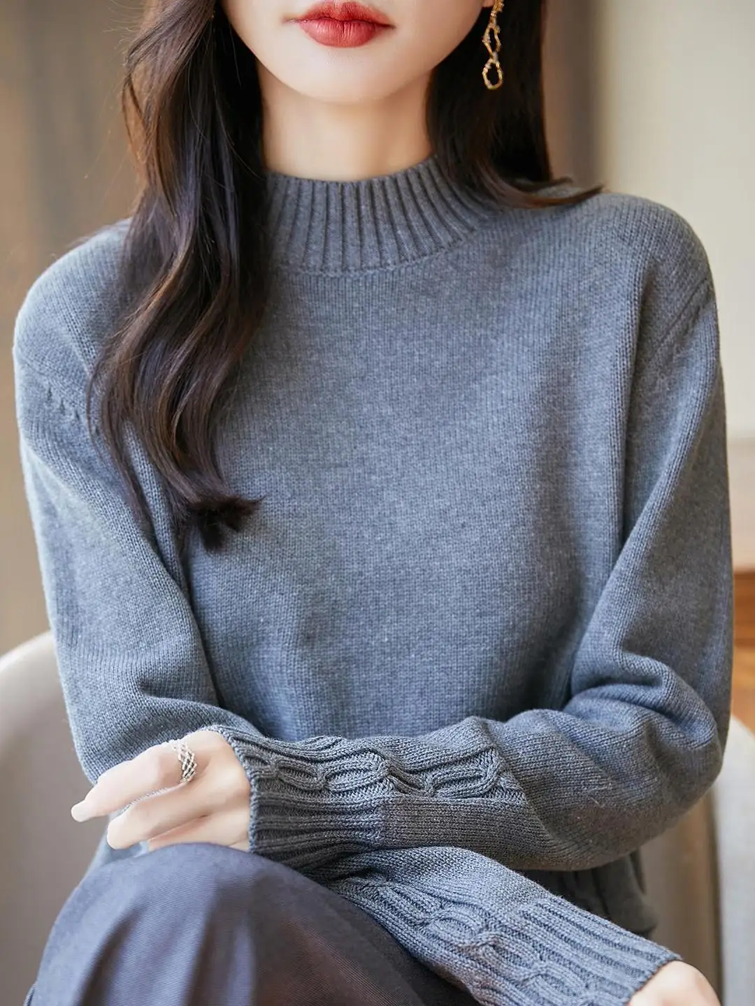 

00% Pure Cotton Long Sve Knitted Sweater Women's Loose Fit Base Layer f High Collar Warm Casual Sle Soft Cotton Knit...