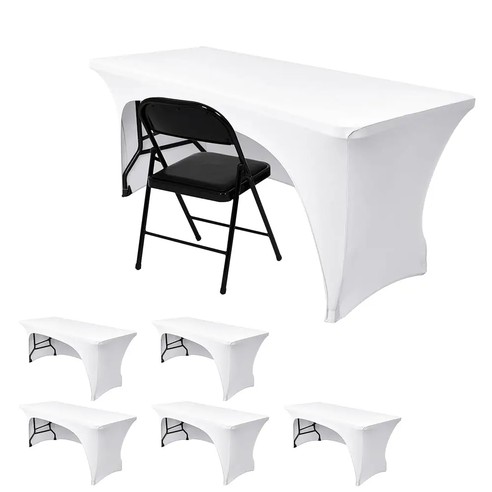 

Набор из 6 белых эластичных скатертей-чехлов для столов длиной 6 футов с открытым задним урезом, из ткани, которую можно стирать и не требующей глажки.