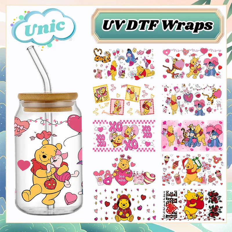 

Valentine's Disney Winnie Pooh Eeyore Piglet UV DTF Sticker For 16oz Glass Cups Wraps Transfer Sticker Custom Labels DIY Logo