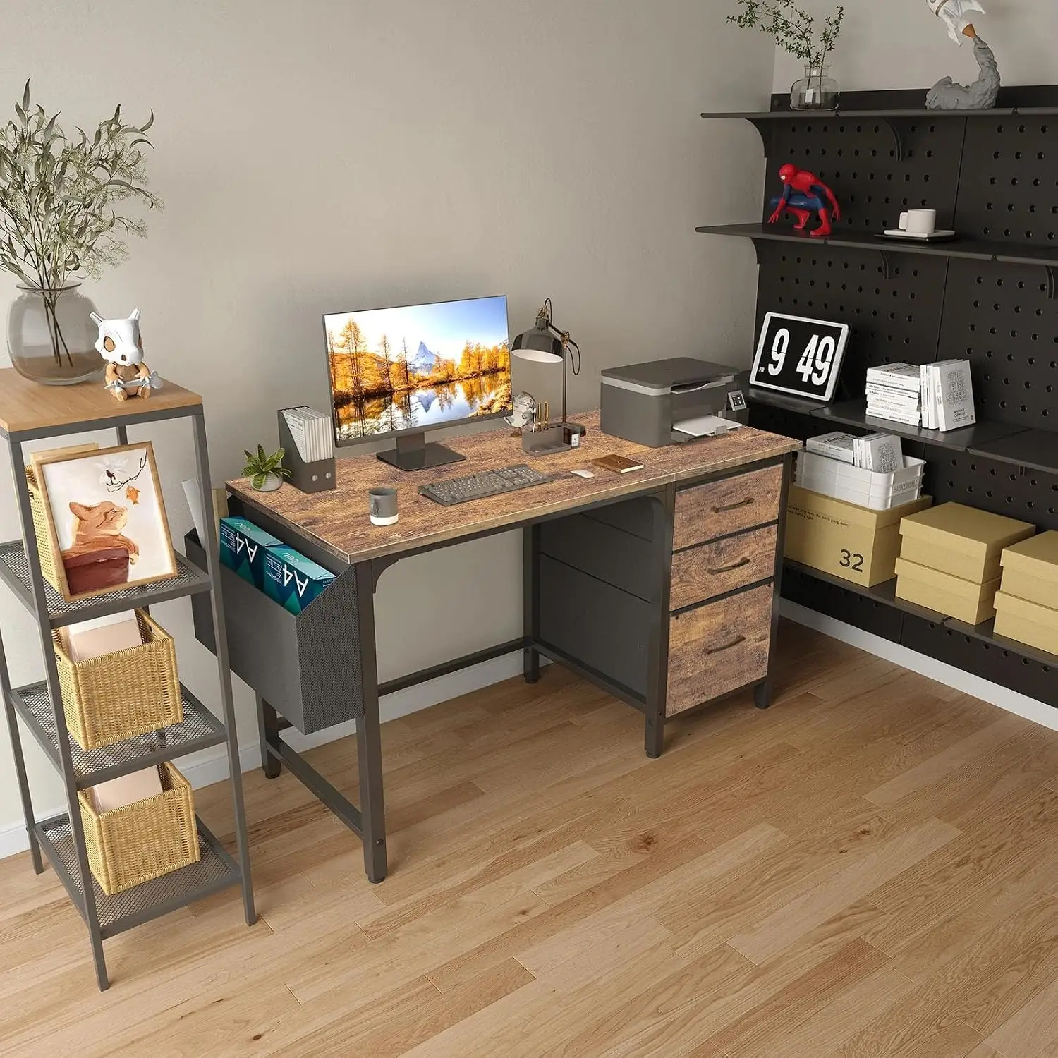 Computer Desk with File Drawers Cabinet, 47 Inch Reversible Home Office Desks with Fabric Filing Cabinet for Small Space, Study