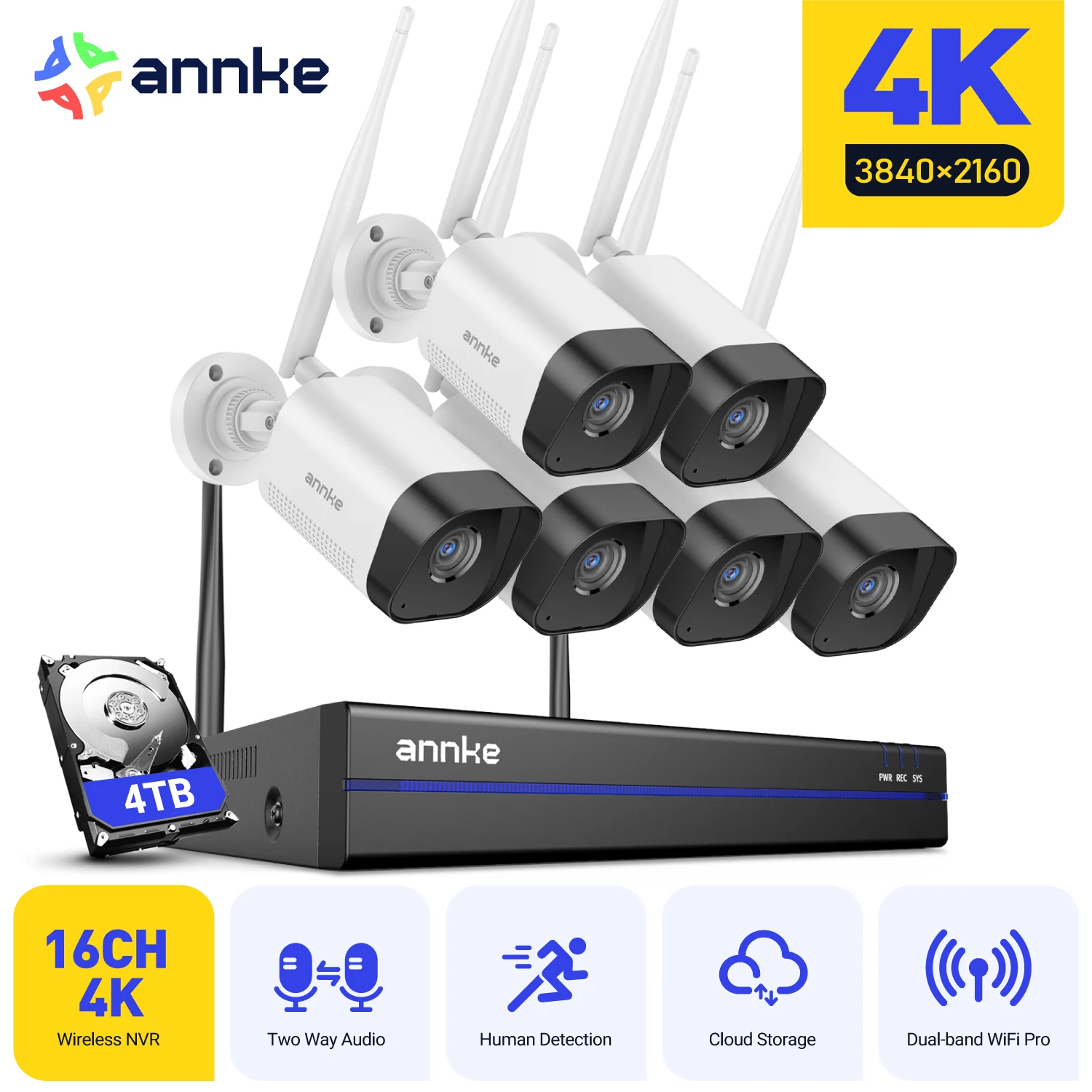

Annke H.264+ 8MP Wireless CCTV System 16CH NVR Video Surveillance Kit Two Way Audio poe camera 2/4/6Pcs Wifi security camera 3.6