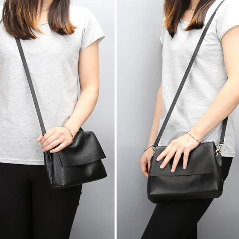 MJ Genuine Leather Bag Female Real Cowhide Leather Crossbody Handbag Casual Messenger Bags Solid Large Capacity Shoulder Bag