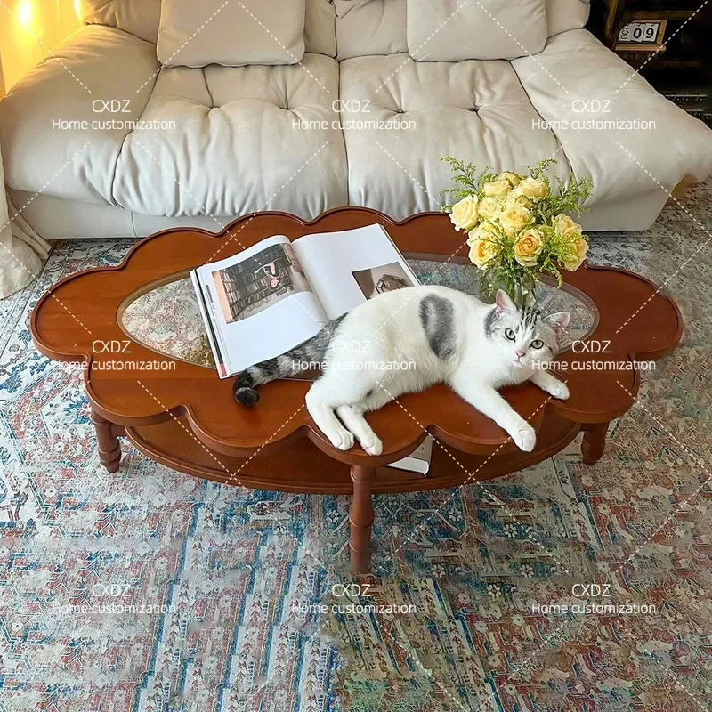 Medium Retro Solid Wood Coffee Table Oval Double Layer Glass Side Table Mobile Low Sofa Table for Small Apartment Living Room