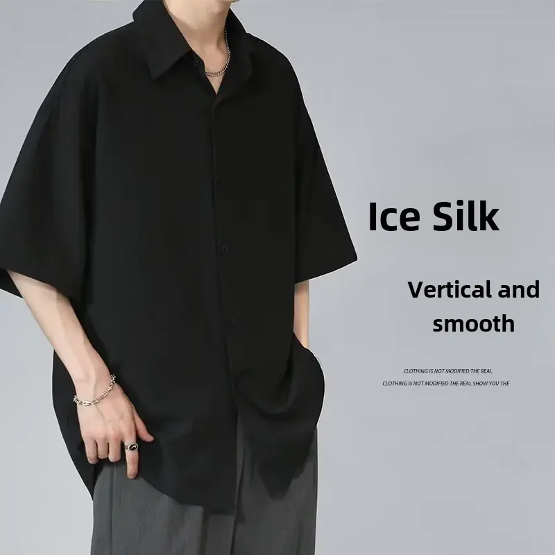 Men's Ice Silk Short Sleeve Shirt Casual Loose Fit Korean Style Trendy Black Shirt For Summer Thin Sleeve Casual