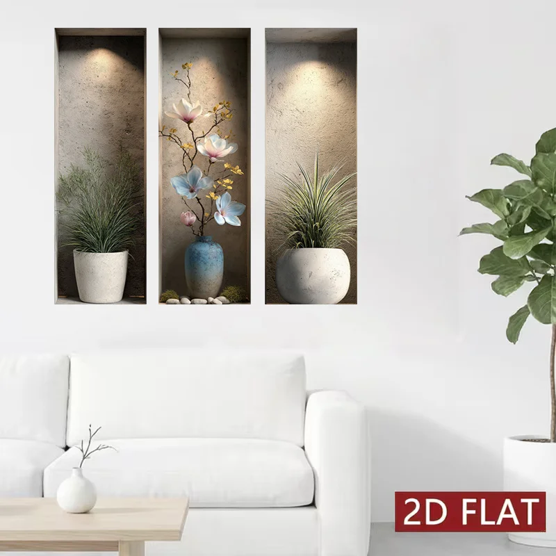 3Pcs Flower Pot Wall Stickers Single Size 20x60cm Set of 3 Simulated Niche Light‑Shadow With Elegant Florals