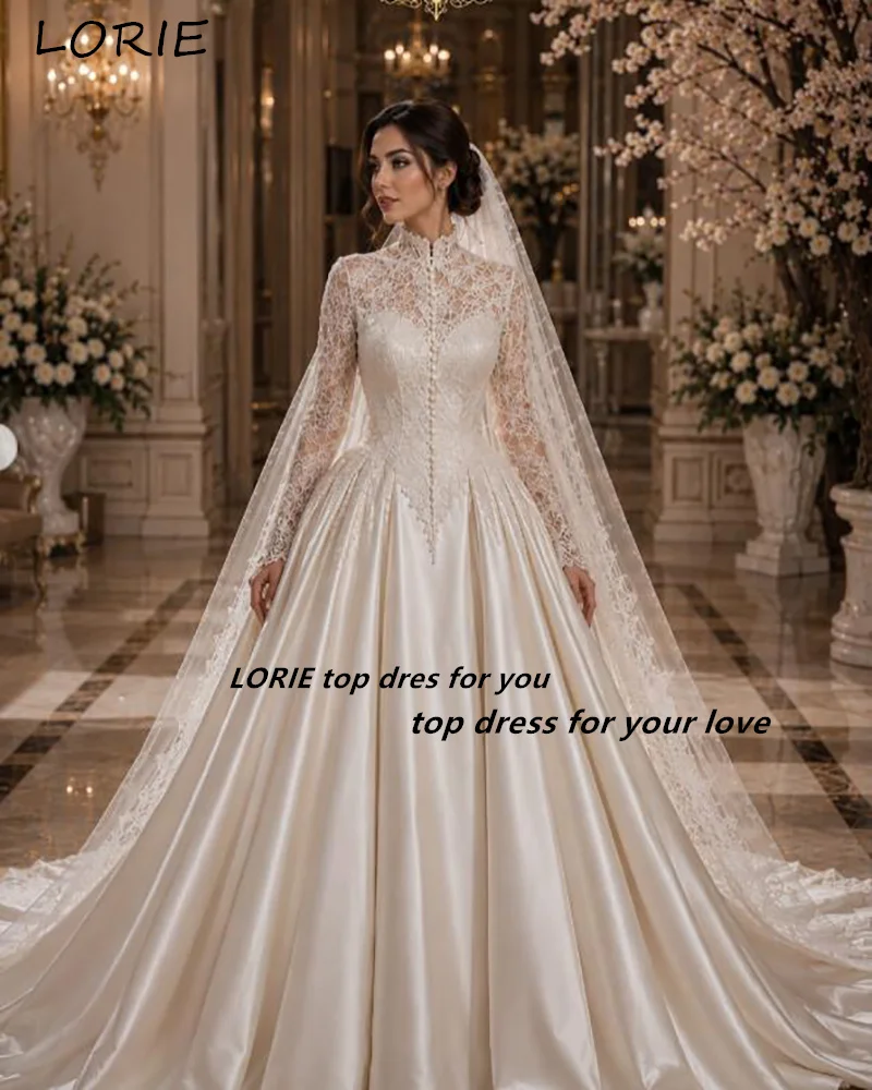 LORIE Lace Church Wedding Dresses for Women Long Sleeve High Neck Bridal Gown A-Line Bride Dress Customized Formal Club Dress