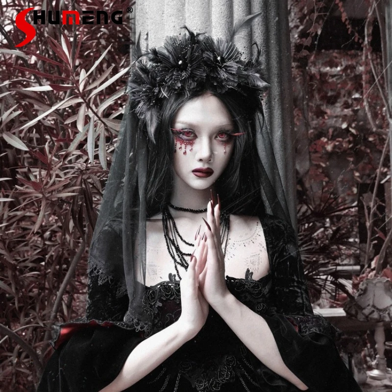 

2025 Autumn And Winter New Halloween Japanese Style Gothic Floral Lace Veil Hat Apparel Accessories For Ladies Headcloth Shawl