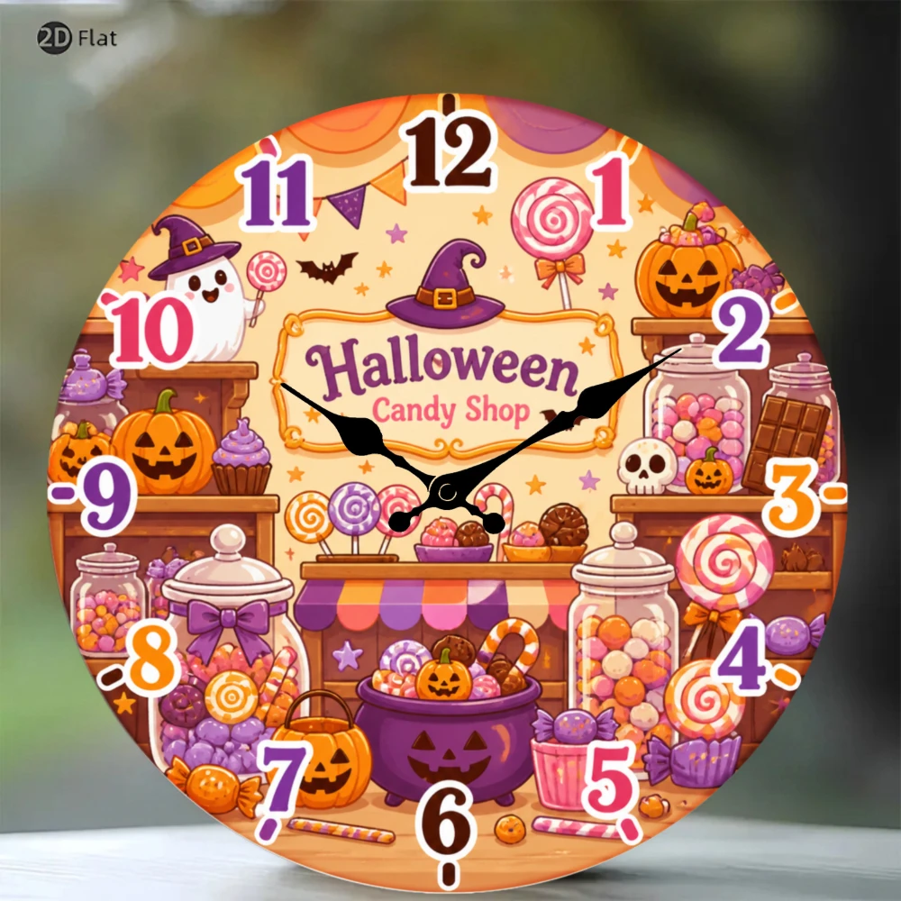Halloween Candy Shop 2D Flat Wall Clock 10 Inch Silent Non-Ticking Cute Pumpkin Witch Treats Room Decor
