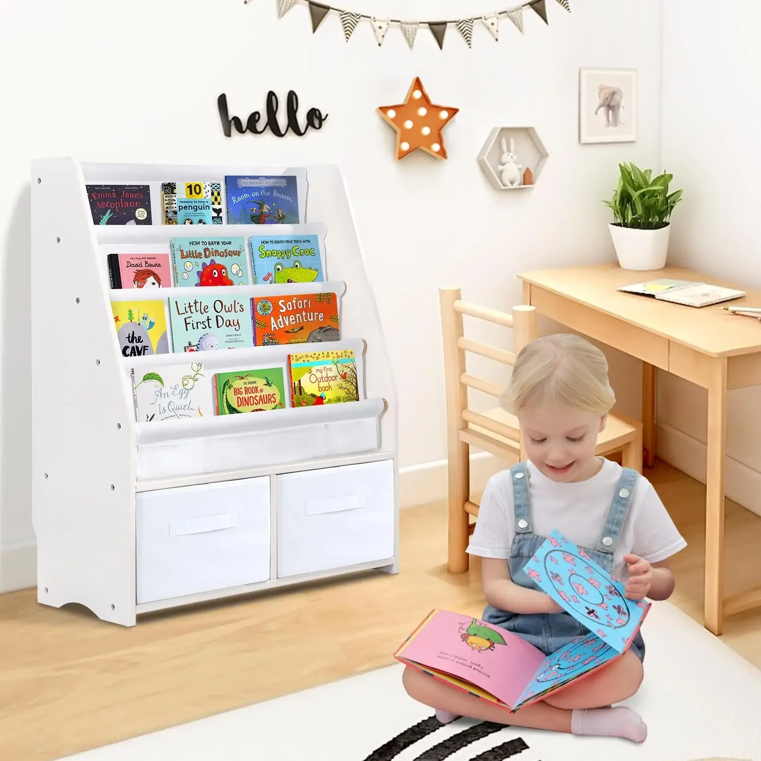 Childrens Bookshelf Kids Sling Book Rack with Two Storage Boxes and Toys Organizer Shelves Natural Solid Wood Baby Book