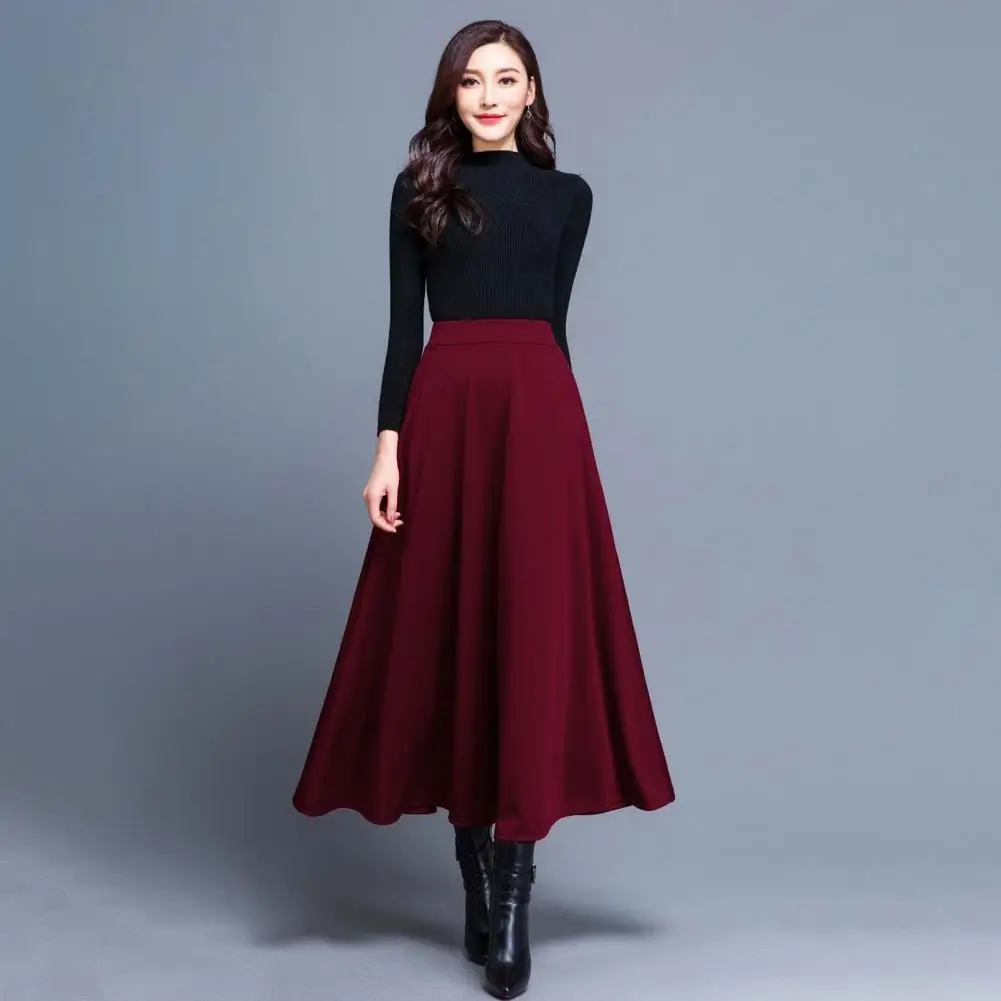 Korean Midi Skirt Winter Women Long Skirt Elegant High Waist A-Line Maxi Skirt Side Pockets Big Swing Ankle Length Office Skirt