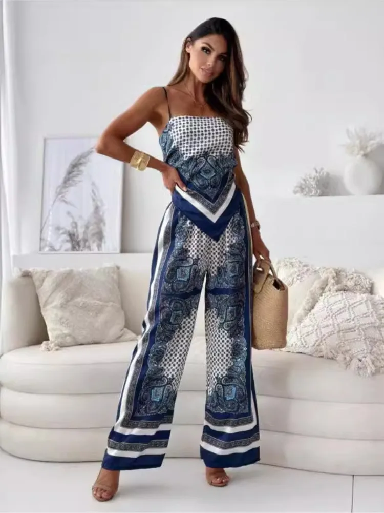 

Summer New Women's Fashion Printed Sleeveless Strap Wrap Chest Sexy Strap Open Back+Positioning Flower Pants Set Two Piece Set