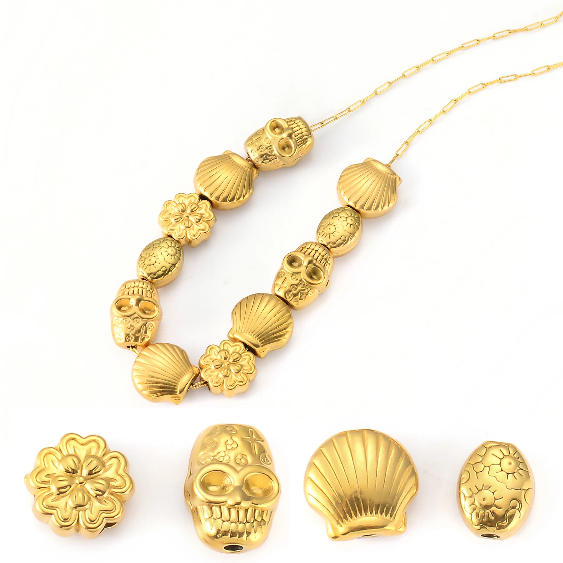 

10pcs Exquisite Skull/Flower/Shell Stainless Steel Gold Color Loose Beads Charms Spacer DIY Bracelets Necklaces Supplies