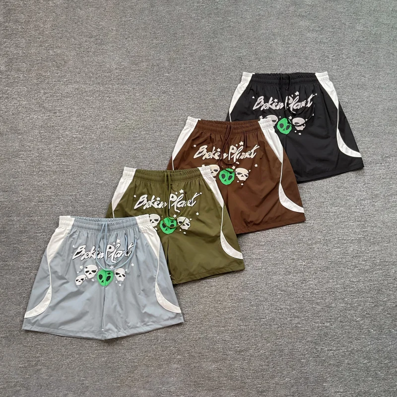 

American High Street Spor Casual Patchwork Woven Nylon Beach orts Summer Loose Straight Leg Print Polyester Fiber Qui Dry