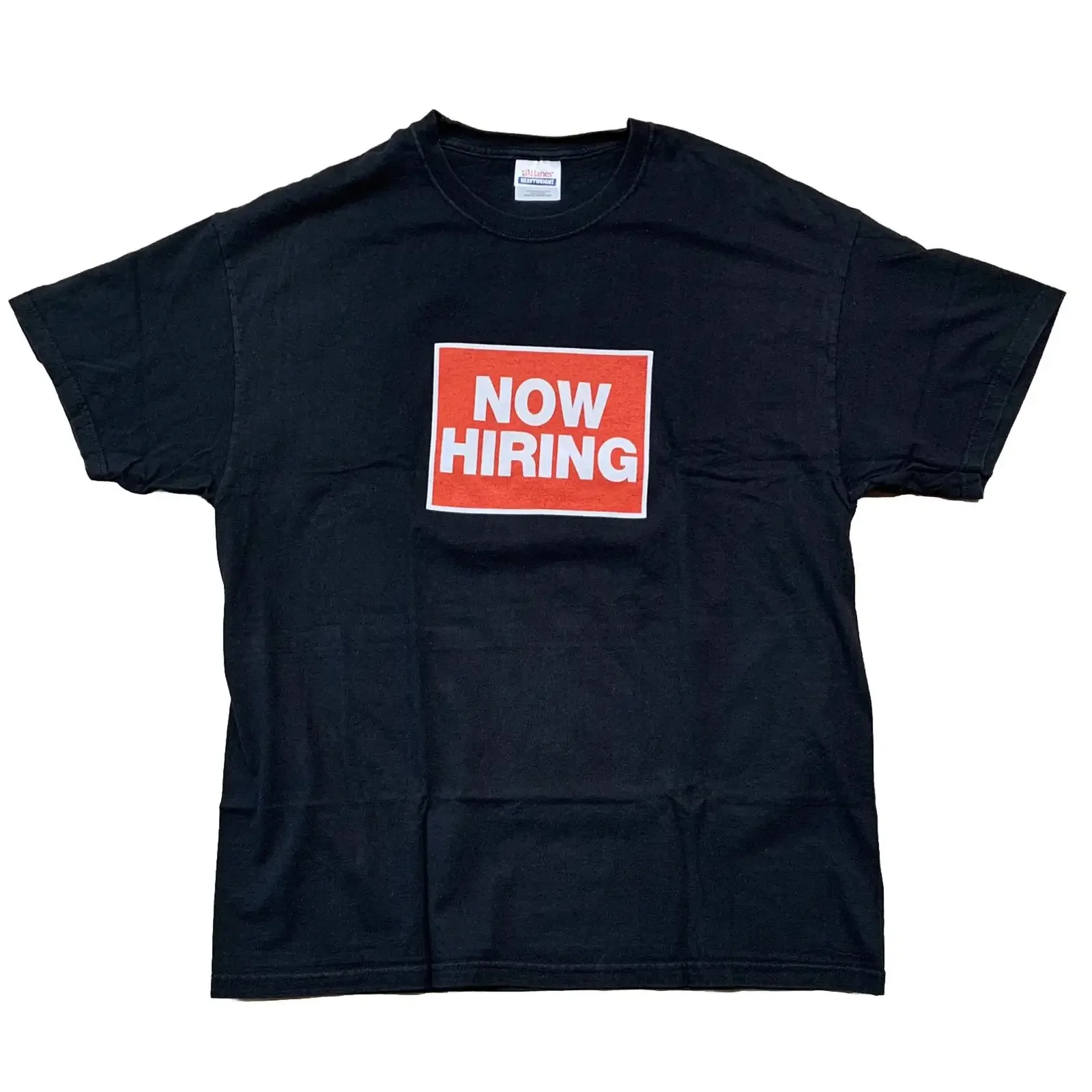 Now Hiring Red Sign Humorous T shirt Size XL Black 100 Cotton Very Good vintage Washed Comfortable Stretched Casual