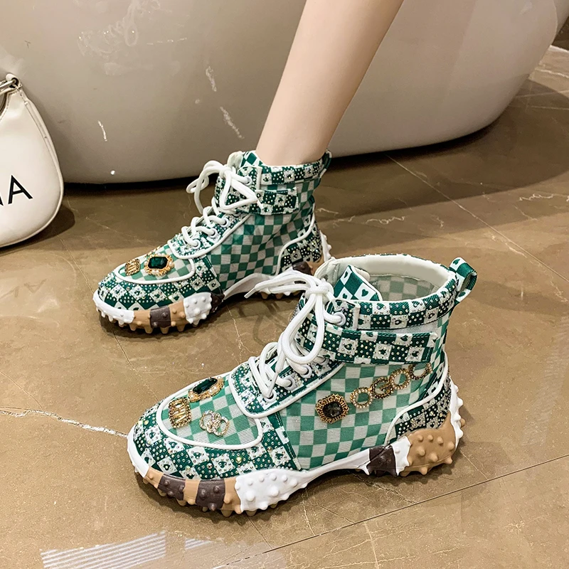 Spring and Autumn Rhinestone Ladies Sneakers Tide Drill Breathable High-Top Lace-Up  Casual Thick Sole Daddy Shoes Flannel