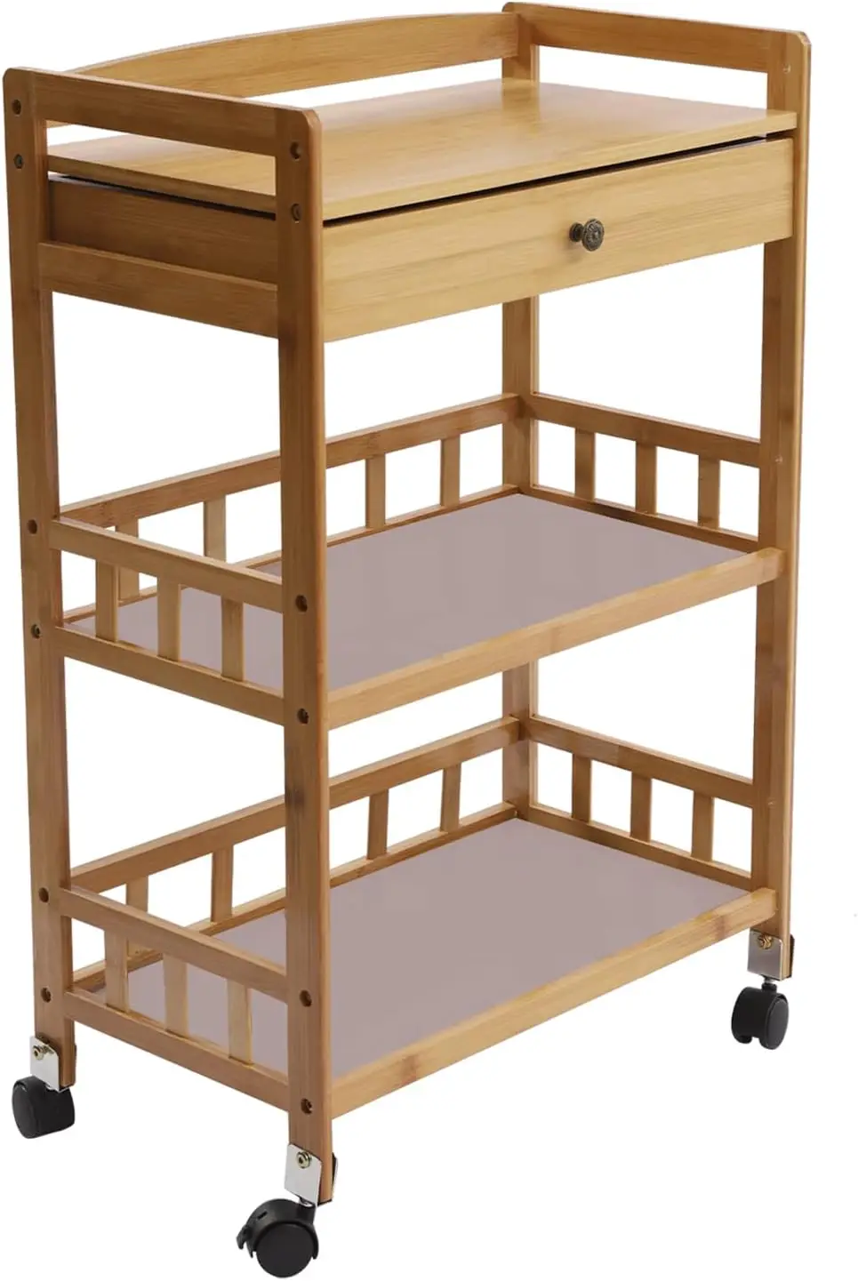 Entertainment Kitchen Cart, 3-Tier Serving Cart with Drawer Fence Bamboo Rolling Bar Cart with Wheels and Handle