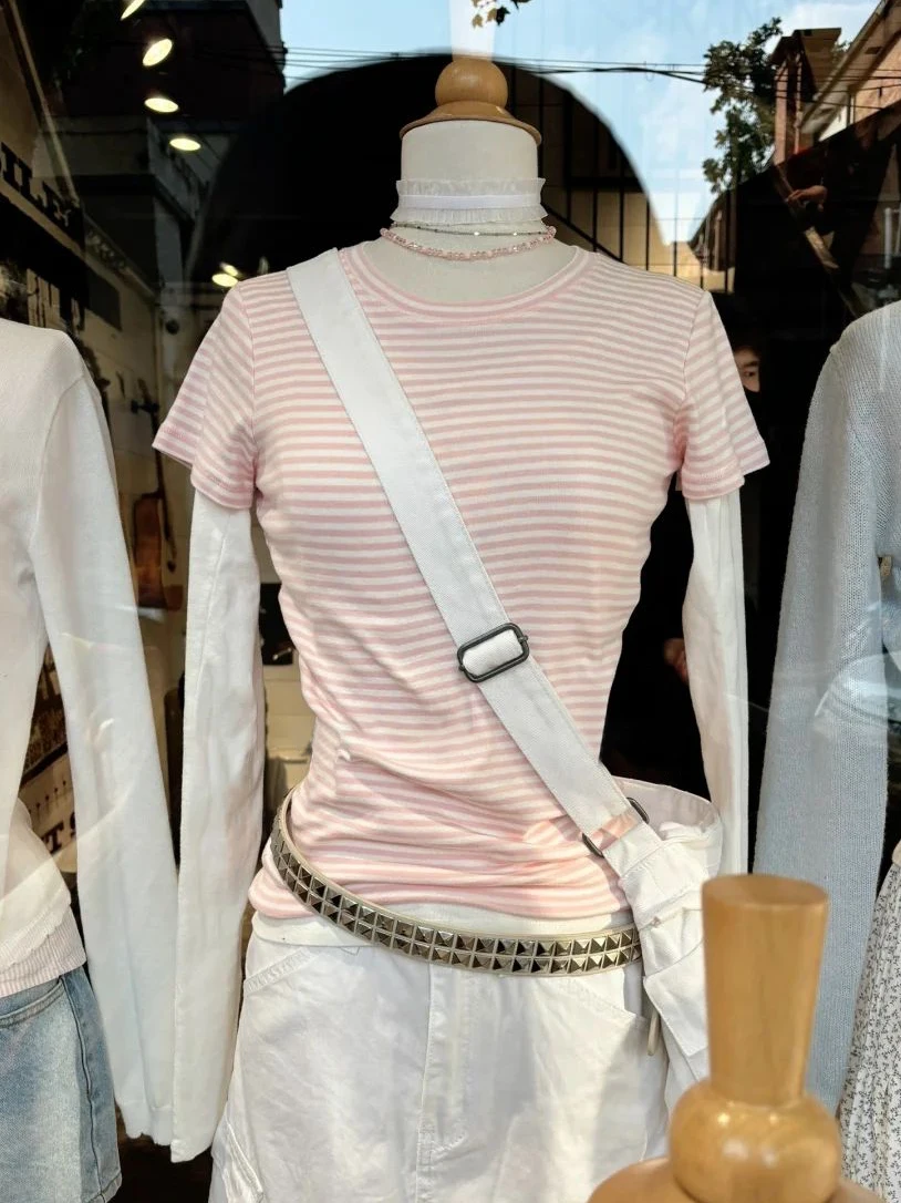 

Новая розовая полосатая тонкая футболка, женские весенние футболки с круглым вырезом и короткими рукавами, женские милые милые хлопковые футболки в консервативном стиле Y2k