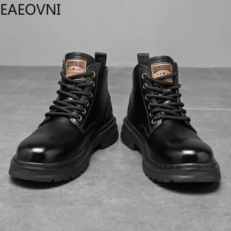 Men's Winter Boots Mens Boot Round Toe Lace-up Man Shoes Trendy All-match Lightweight Thick Bottom EAEOVNI New Style Male Shoe