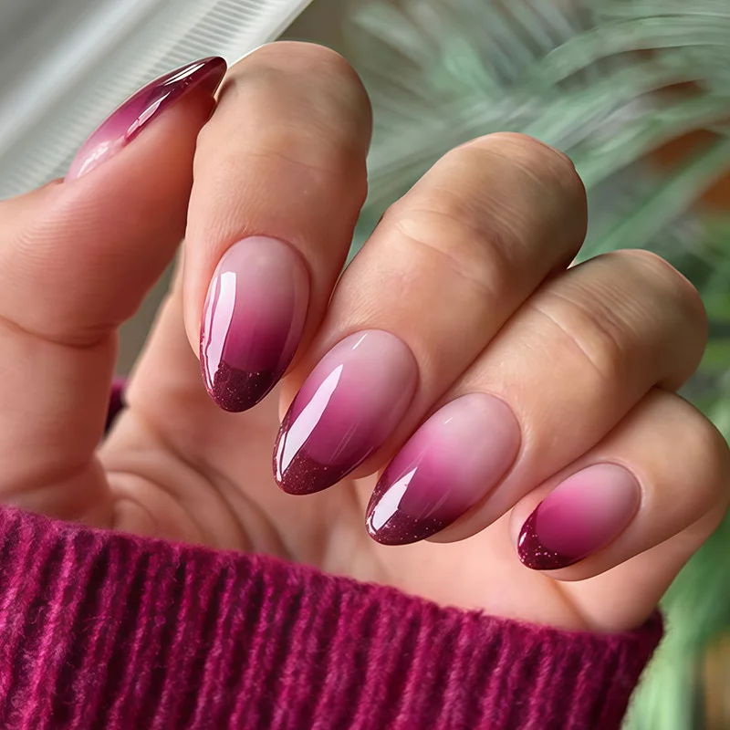 

24pcs Gradient Almond False Nails Art Simple Pink Purple Short Fake Nail Tips Reusable Press on Nails with Jelly Glue Manicure