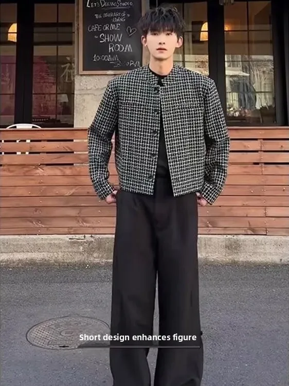 

ort Plaid Jaet Men's Youth New Chinese Sle Flight Jaet Pad oulder Trendy Straight Hemline Long Sve Polyester Fiber