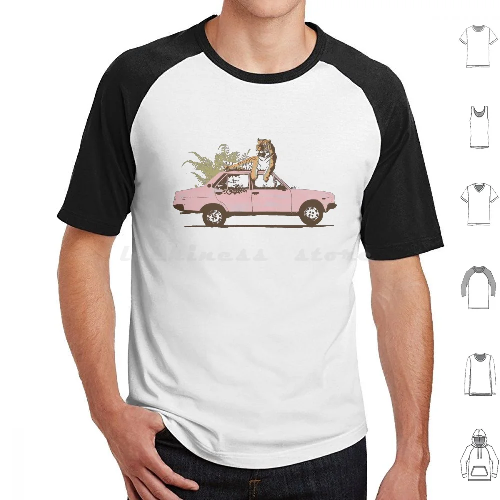 Tiger On Car T Shirt Cotton Men Women Diy Print Tiger Wild Car Exotic Palm Vintage Leaf Green Pink Orange Animal Stencil