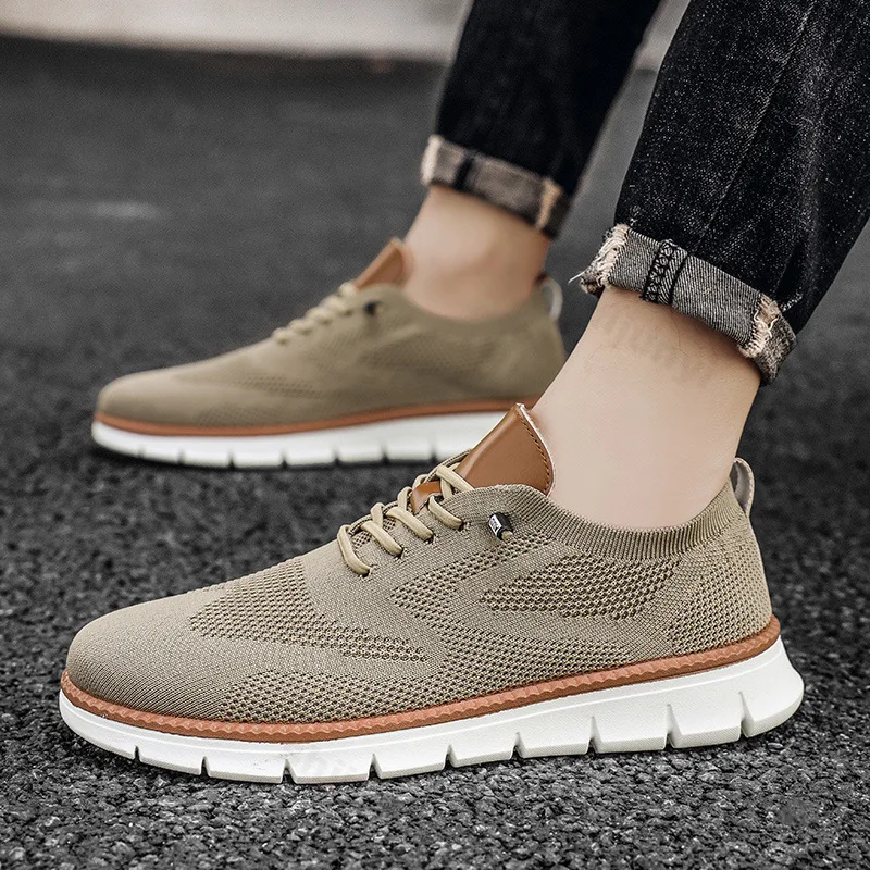 2025 Men's Shoes Summer Lace-up Sports Shoes Non Slip Fly Woven Breathable Mesh Hollow Flats Men's Comfortable Running Shoes