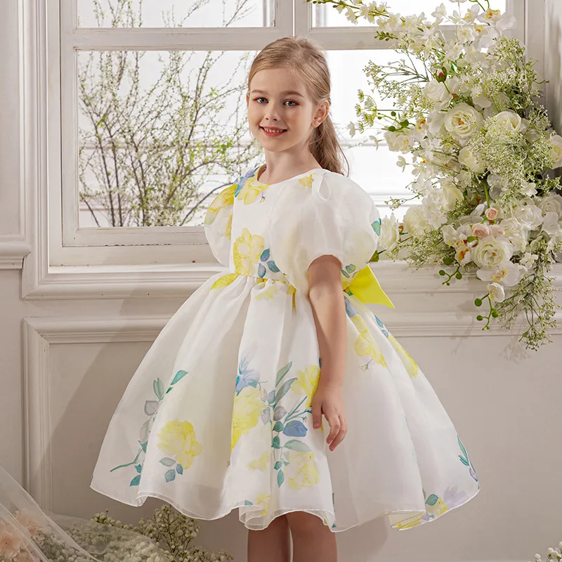 Summer New Bubble Sleeve Princess Dress for Little Girls Holiday Dance Performance Dress for Girls Floral Dress for Girls