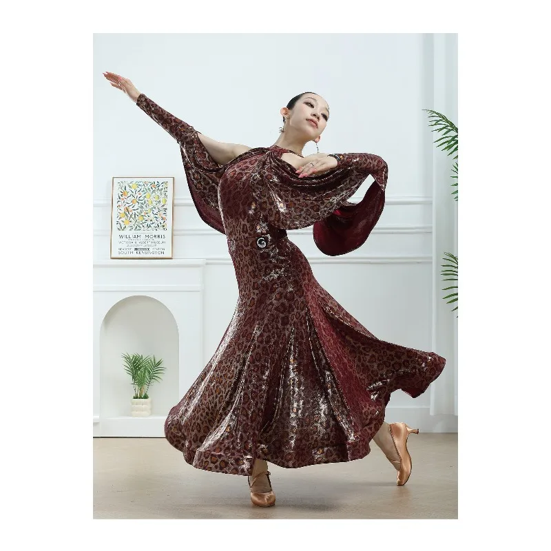 Customized Balloom Modern Dance Dress for Female Adults Gilded Leopard Pattern Fishbone Skirt Training Performance Dress