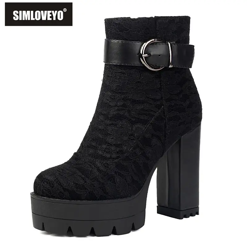 

SIMLOVEYO 2025 Sexy Women's Ankle Footwear Round Toe 11cm Black Heel 3.5cm Platform Zip Belt Plus Sizes 48-50 Dating Boots