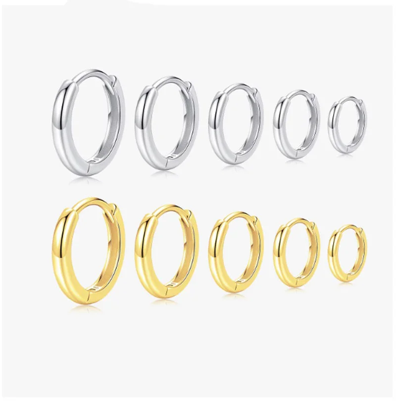 5 Größen 925 Sterling Silber Einfache Stapelbare Kreisförmige Ohrclips Klassische Basis Goldfarbene Creolen für Damen Schmuck Huggies