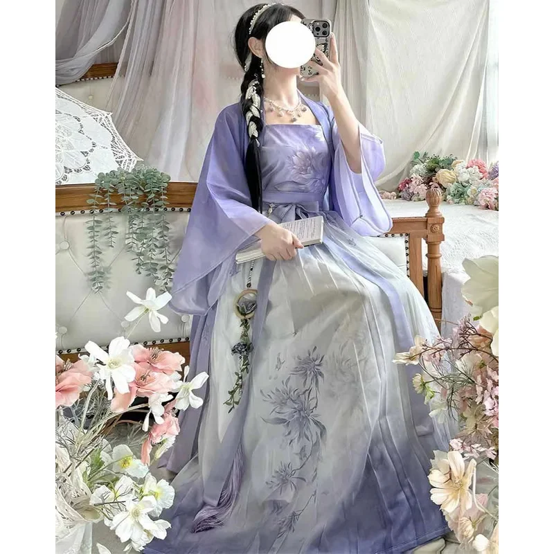 فستان هانفو الصيني للنساء أزياء تنكرية لسلالة سونغ القديمة عتيقة متدرجة أرجوانية مطبوعة 3 قطعة مجموعات هانفو مقاس كبير XL