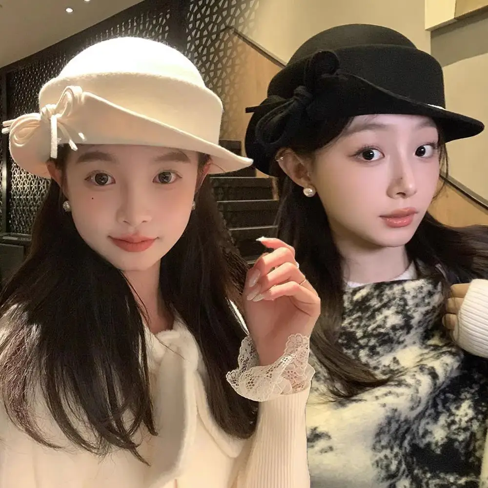

Bowler Hat Wool Fedoras Bow Pearl Warm-keeping French-style Turndown Simple Winter Elegant Women Fashion Versatile Dome Hat