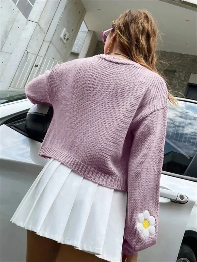 European and American women\'s autumn new sweet flower pattern sweater cardigan loose short knitted women\'s sweater jacket