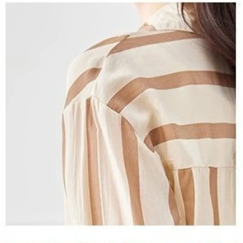 Women\'s Summer 2024 New Patchwork Turndown Collar Button Stripes Fashion Loose Office Lady All-match Long Sleeved Blouses Shirts