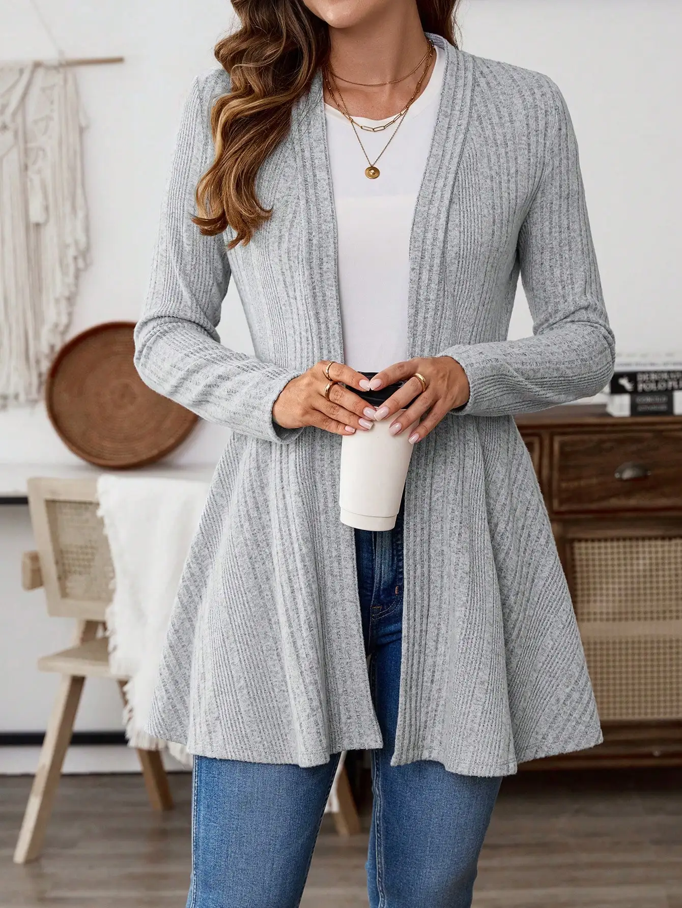 

Женский кардиган-жакет из рубчатого трикотажа с длинными рукавами для повседневной носки осенью