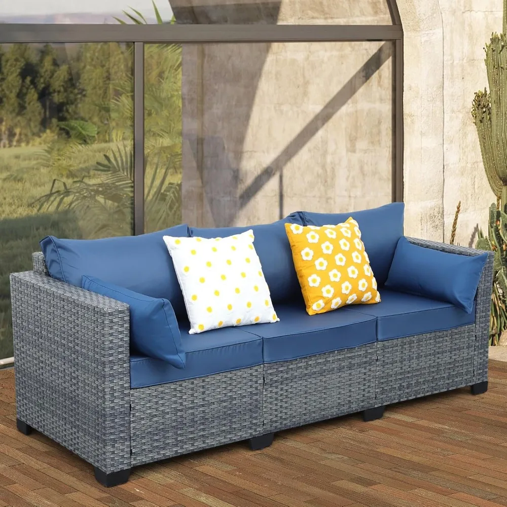 

Terrace sofa, outdoor 3-seater sofa, all-weather PE rattan, deep deck furniture set, with navy blue cushion
