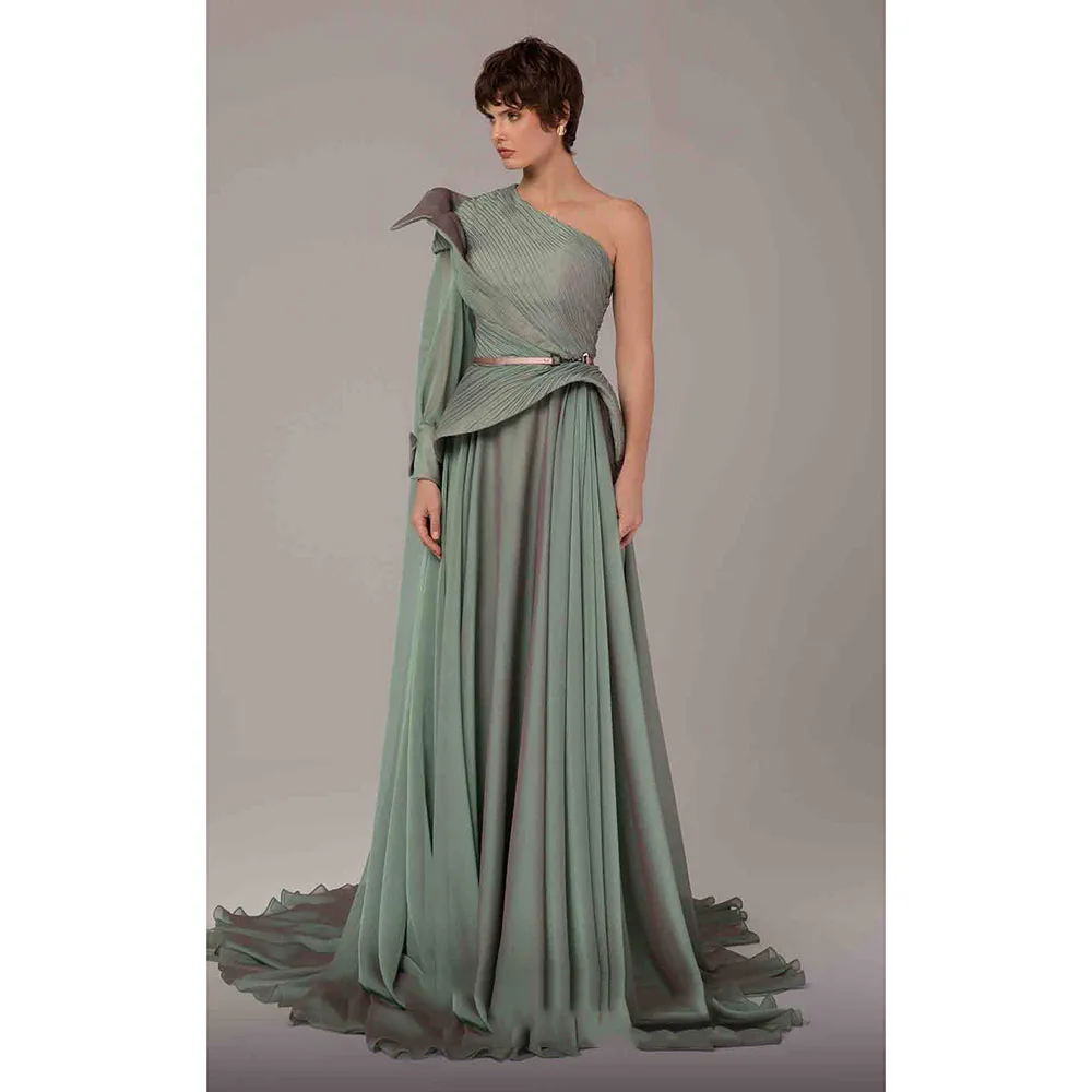 فساتين سهرة طويلة بكتف واحد مخصصة أنيقة للمناسبات الرسمية فساتين حفلات شيفون بطيات وشاح بطول الأرض فساتين حفلة موسيقية