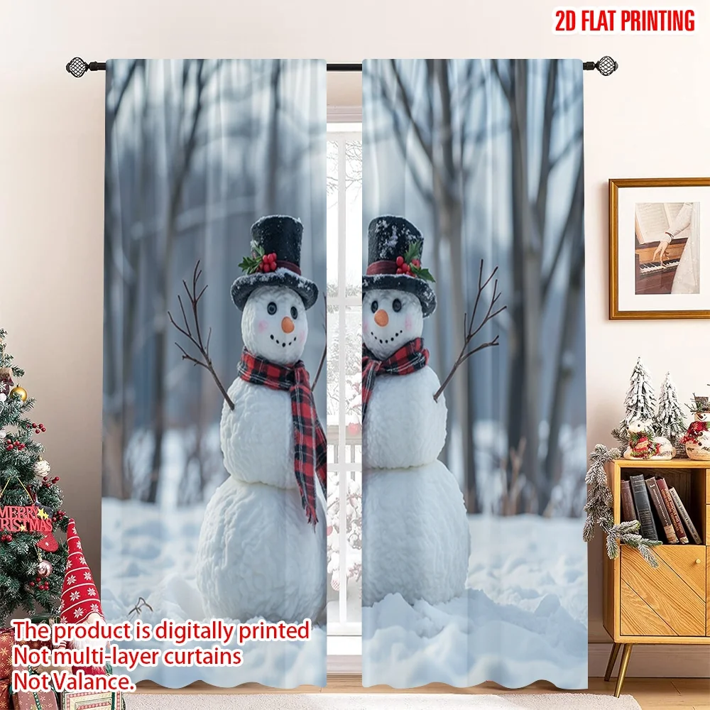 

2pcs 2D flat printing Merry Christmas Window Drapes Cute Snowmen Christmas Watercolor Polyester Without Electricity Spring Use