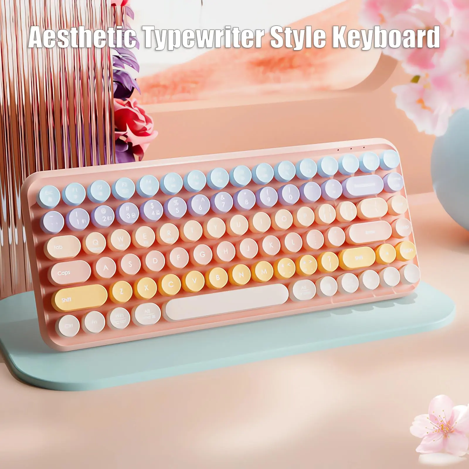 Ergonomic Bluetooth Tri-Modes Wireless Keyboard for PC/Laptop/Tablet, Rechargeable 85 Keys Round Keycap Compact Keyboard