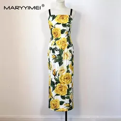 MARYYIMEI Fashion Women's New Silk Sexy Spaghetti Strap Elegant Slim-Fit Backless Printed Pencil Hip Wrap Floral MIDI Dresses