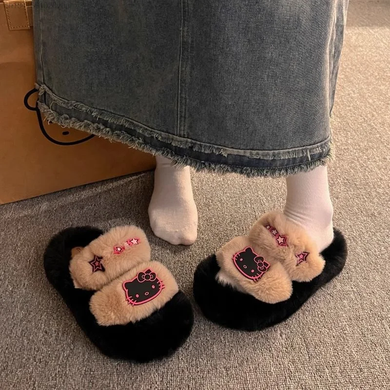 Sanrio Cute Plush Slippers Autumn And Winter New Home Thick Soled Shoes Korean Fashion Star Graphic Slippers Female Charms Shoes