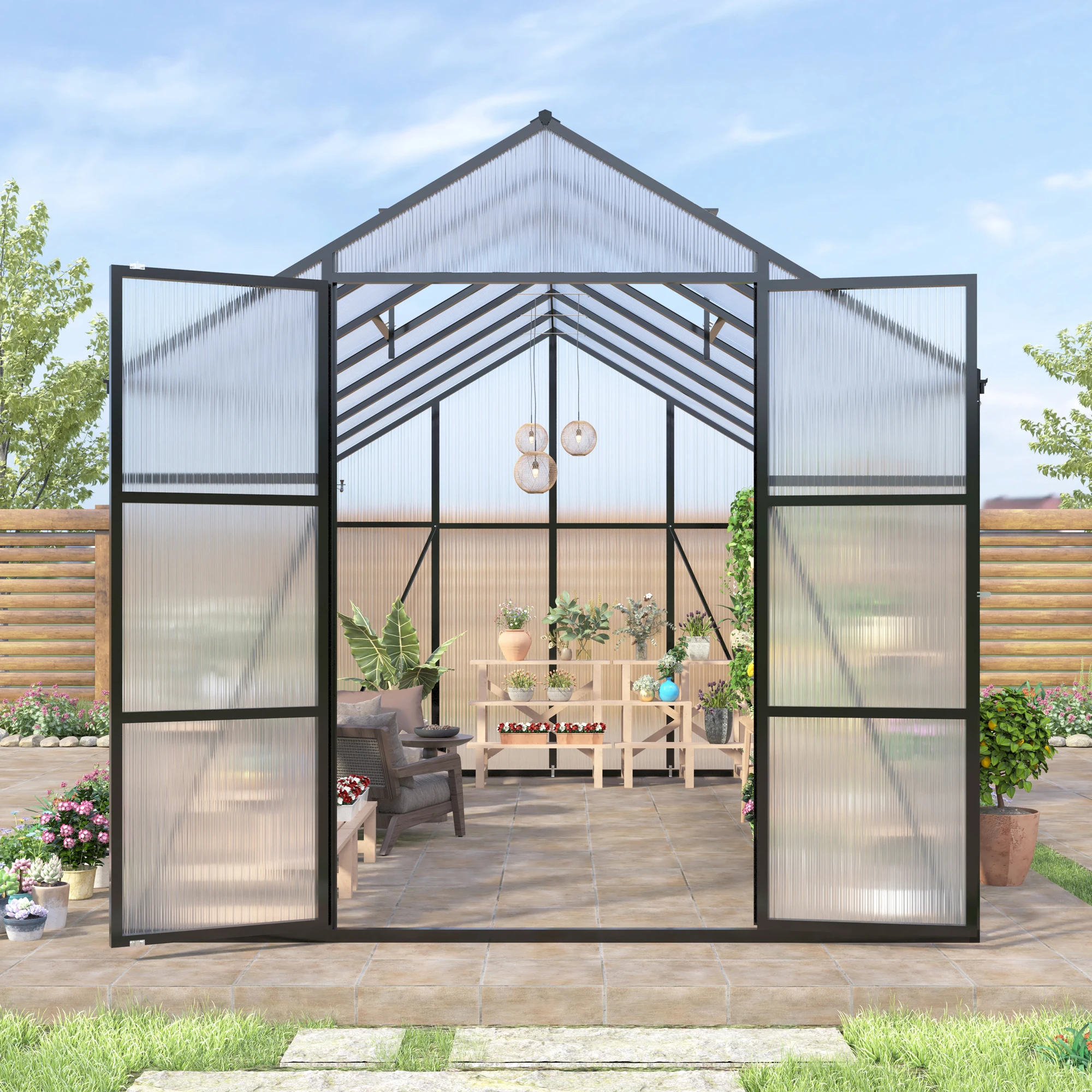 8*14ft Polycarbonate Greenhouse with Stronger Wind Protection and Roof Vent,Walk-in Large Aluminum Sunroom