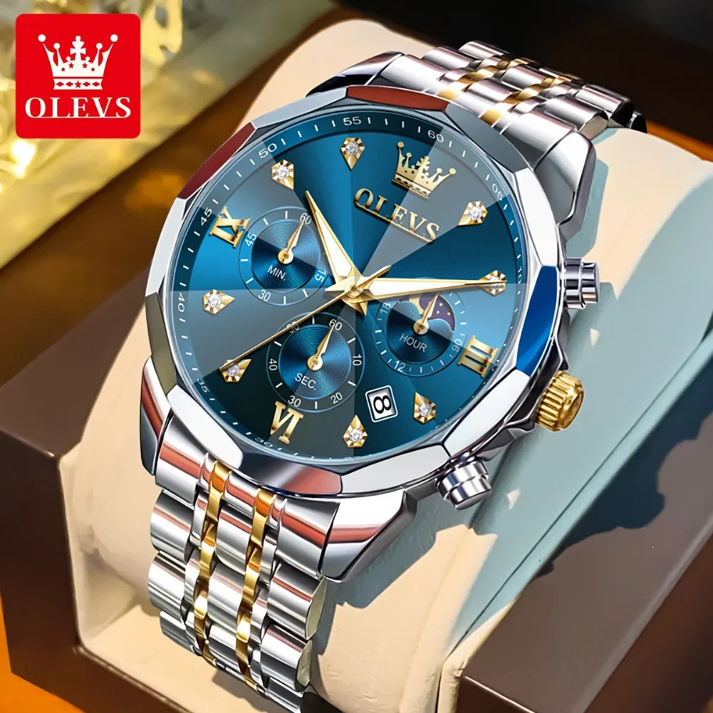 

OLEVS 3670, модные брендовые оригинальные мужские часы с фазой Луны, черная призма, зеркало, кварцевые водонепроницаемые часы с хронографом и датой для мужчин