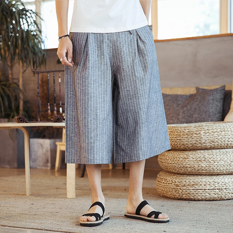 2024 Chinese Style Cotton Linen Wide Leg Pants, Cropped Shorts, Trendy Men's Summer Thin Striped Loose Cropped Linen Pants